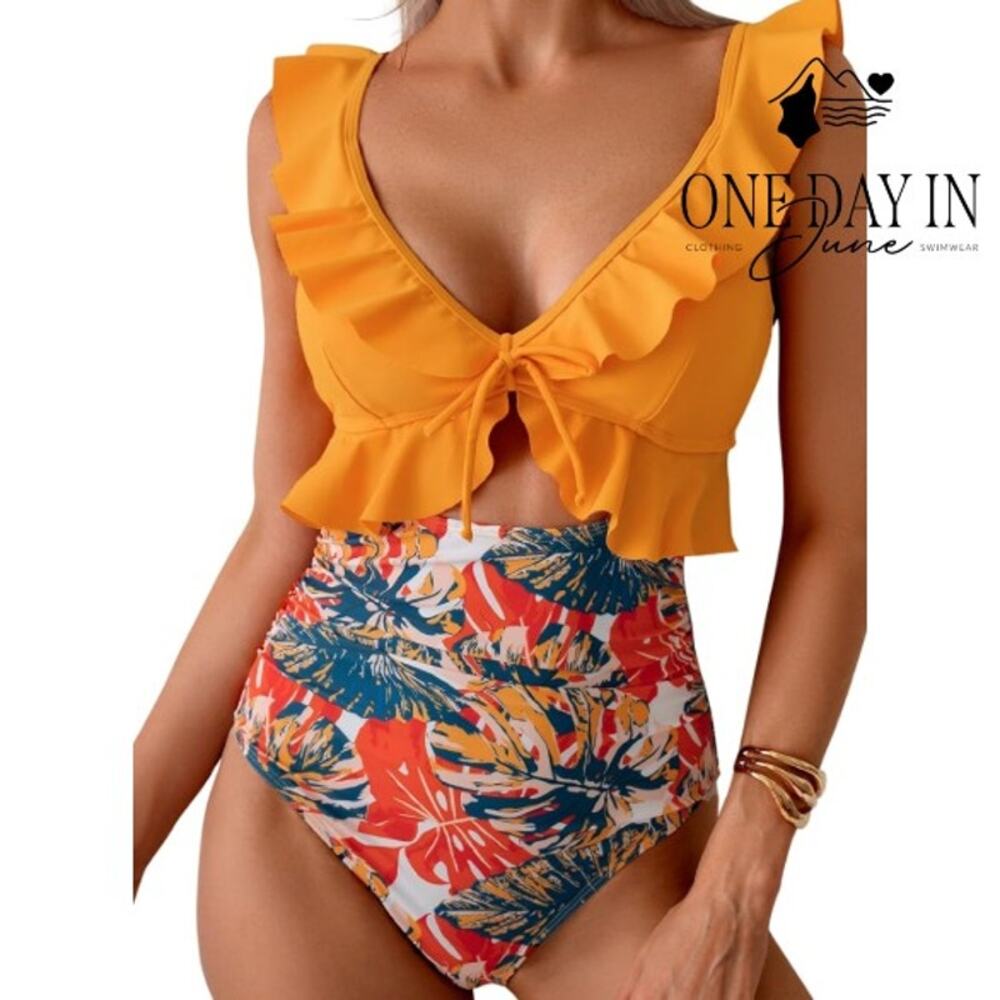 Eomenie Ruffle Shoulder Tie Back Cut Out One Piece Swimsuit Size L